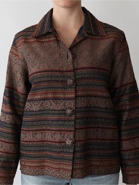 Vintage Mirasol Brown Black Orange Embroidered Patterned Button Collared Jacket